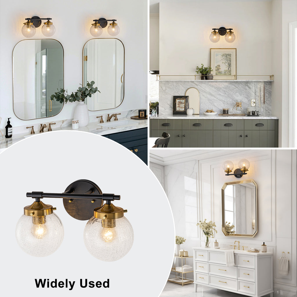 13.62 in. 2-Light Matte Black and Gold Metal Vanity Light with Clear Glass Shades for Bathroom