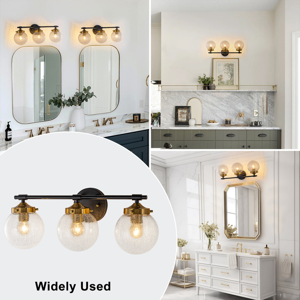 21.73 in. 3-Light Matte Black and Gold Metal Vanity Light with Clear Glass Shades for Bathroom