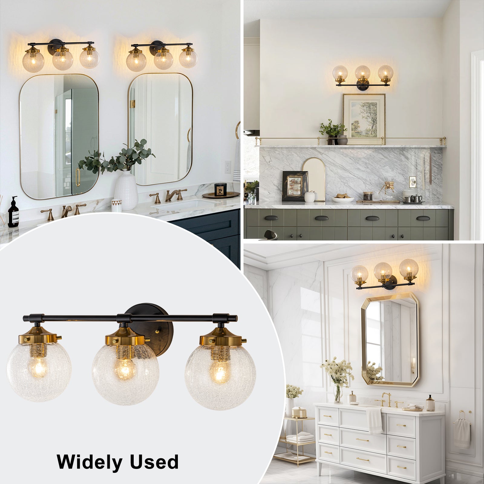 21.73 in. 3-Light Matte Black and Gold Metal Vanity Light with Clear Glass Shades for Bathroom