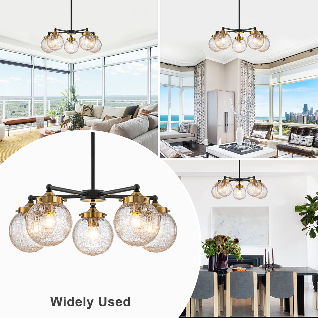 22.44 in. 5-Light Modern Black Branch Chandelier with Clear Cracked Glass Shades for Kitchen Island, Living Room