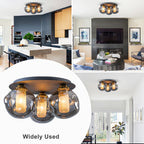 17.7 in. 3-Light Modern Black Metal Flush Mount Ceiling Light with Globe Smoky Gray Glass Shades for Dining Roo