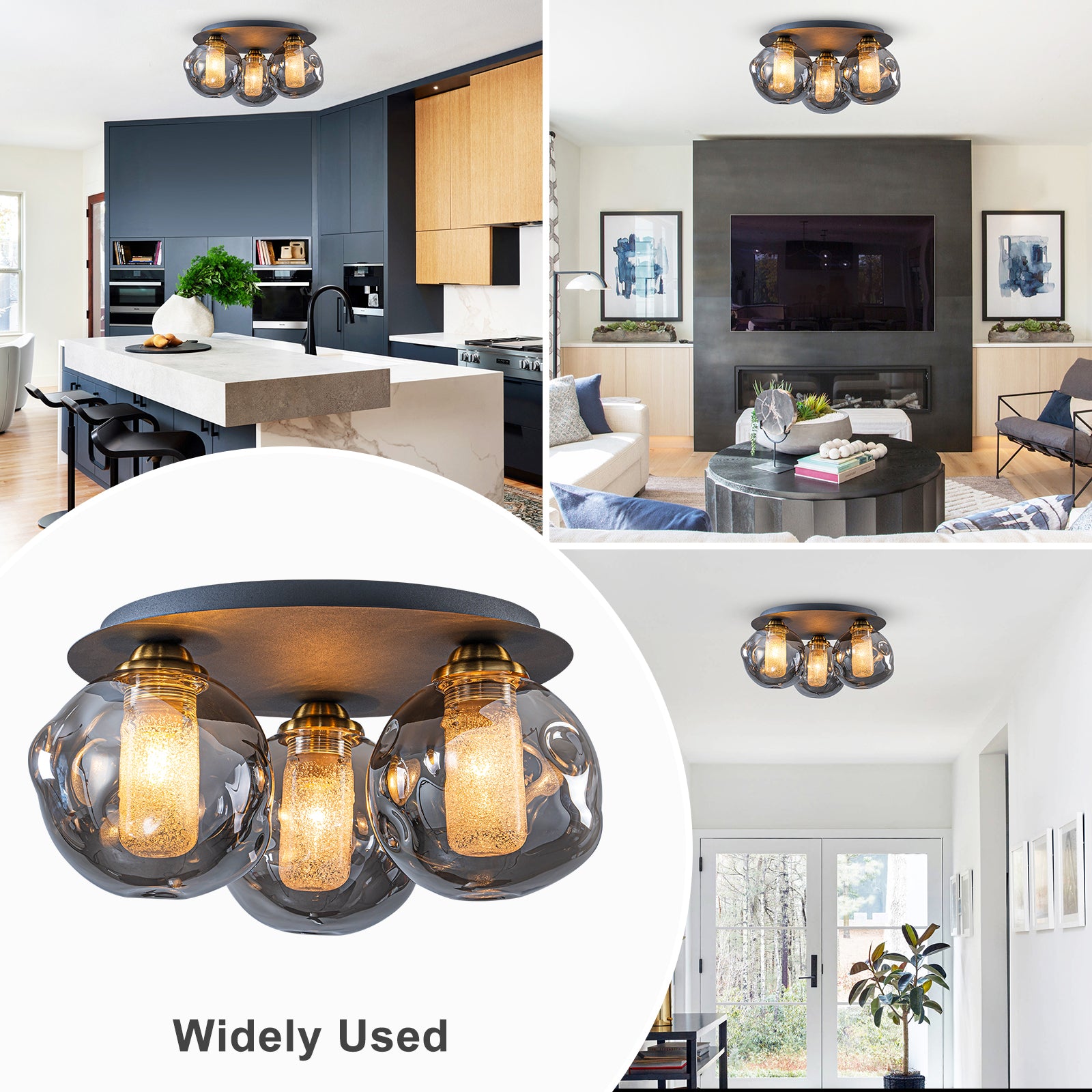 17.7 in. 3-Light Modern Black Metal Flush Mount Ceiling Light with Globe Smoky Gray Glass Shades for Dining Roo