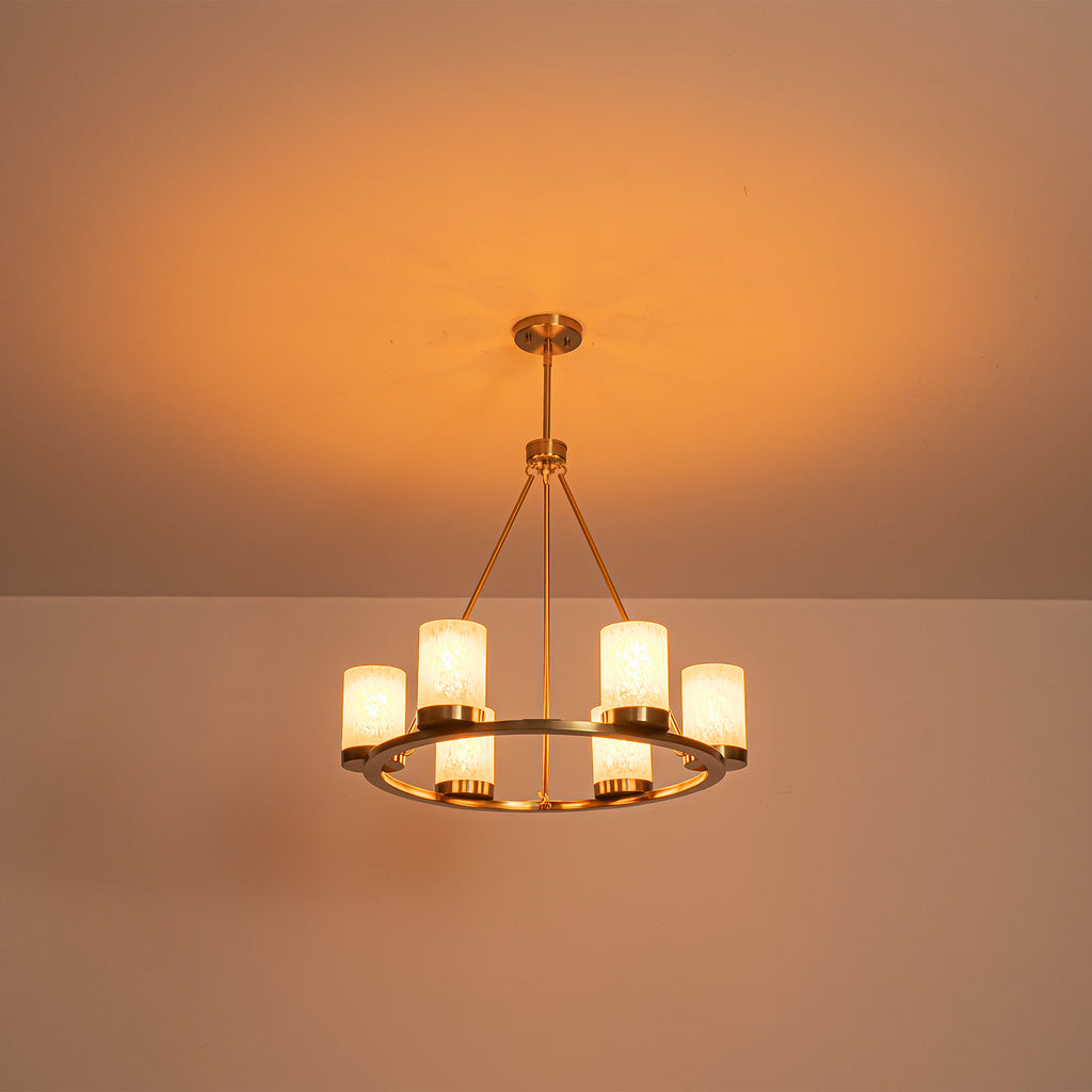 26 in. 6-Light Modern Brass Metal Chandelier with Cylinder Glass Shades for Kitchen Island, Dining Room