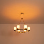 26 in. 6-Light Modern Brass Metal Chandelier with Cylinder Glass Shades for Kitchen Island, Dining Room