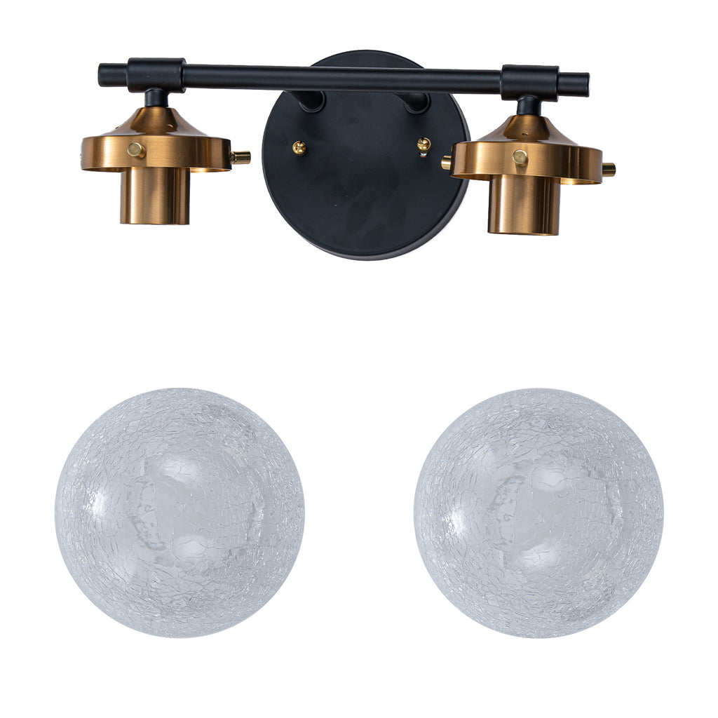 13.62 in. 2-Light Matte Black and Gold Metal Vanity Light with Clear Glass Shades for Bathroom