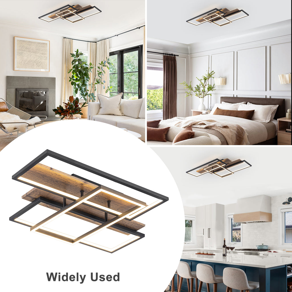 3-Light 26.77 in. Modern Black and Wood Dimmable Integrated LED Flush Mount Ceiling Light