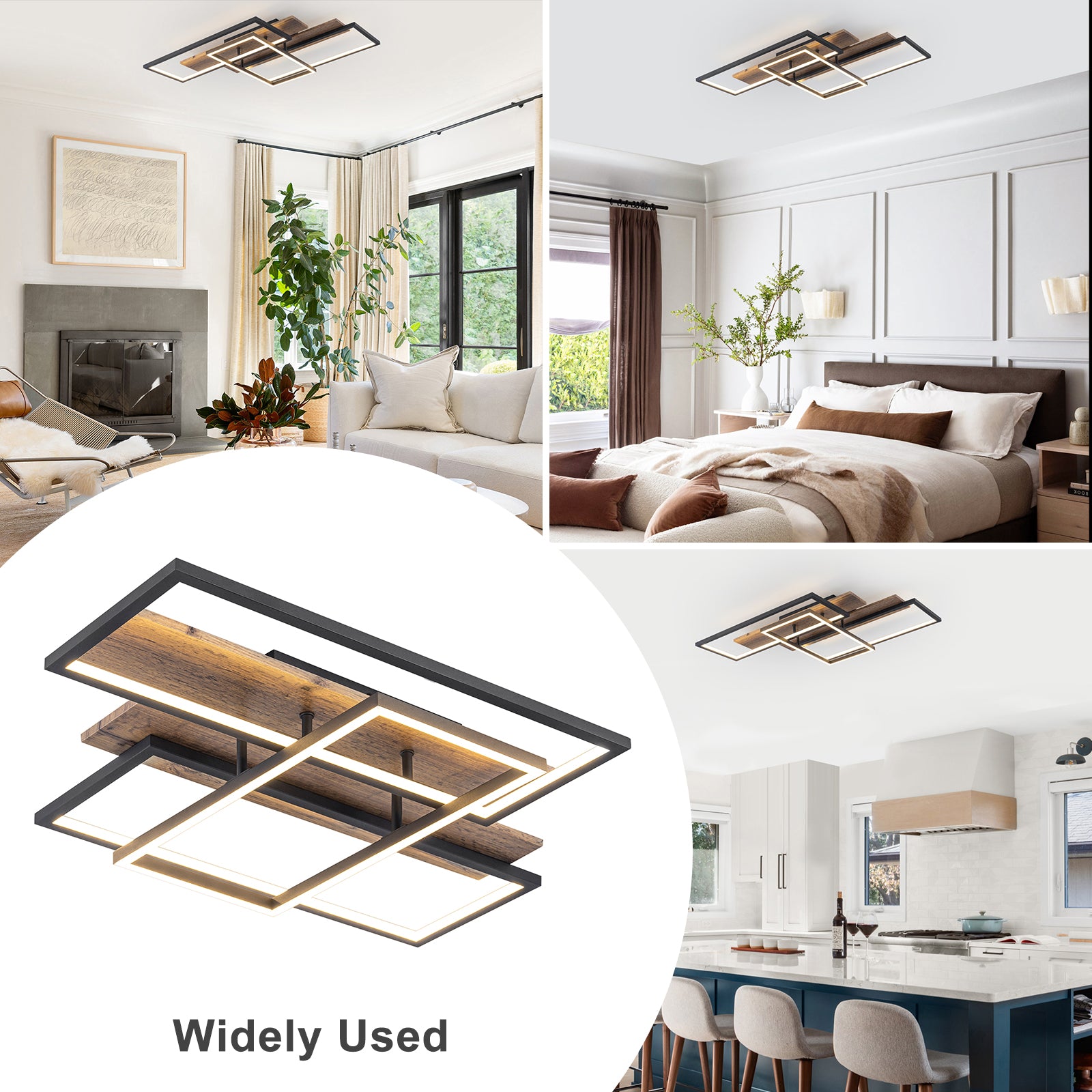 3-Light 26.77 in. Modern Black and Wood Dimmable Integrated LED Flush Mount Ceiling Light