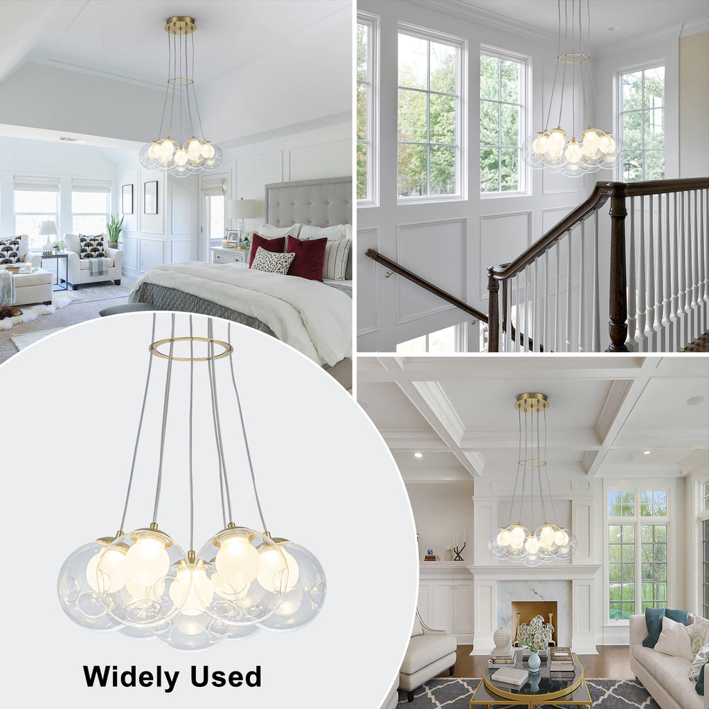 7-Light Modern Gold Sputnik Cluster LED Chandelier with Clear Globe Shades for Living Room