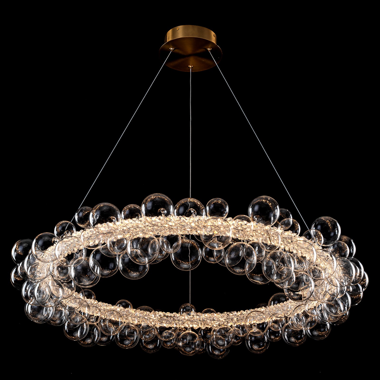 1-Light Gold Modern Round Globe Crystal Integrated LED Chandelier Dimmable Pendant Light with Glass Bubbles