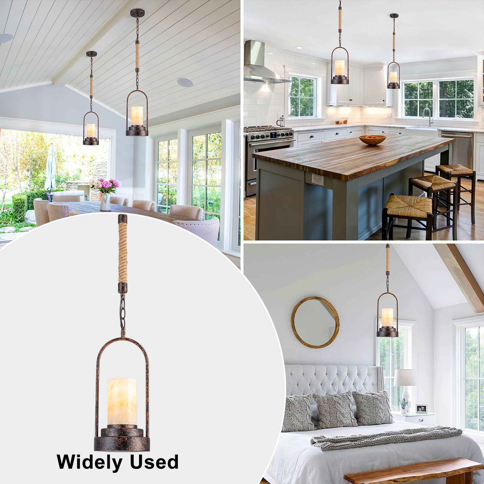 6.69 in. 1-Light Vintage Industrial U-Shaped Iron Pendant Light with Natural Onyx Shade