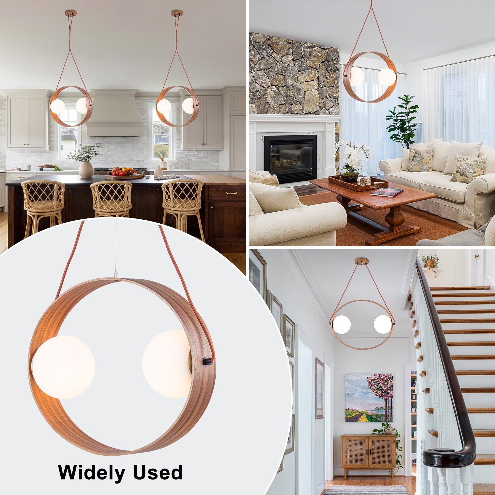 20 in. 2-Light Modern Walnut Oval Pendant Light with White Globe Glass Shades for Dining Room, Kitchen Island