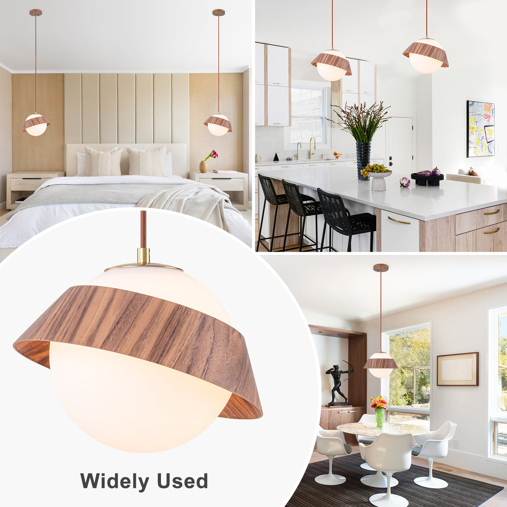10.63 in. 1-Light Wooden Globe Hanging Pendant Light with White Glass Shade for Kitchen Island, Bedroom
