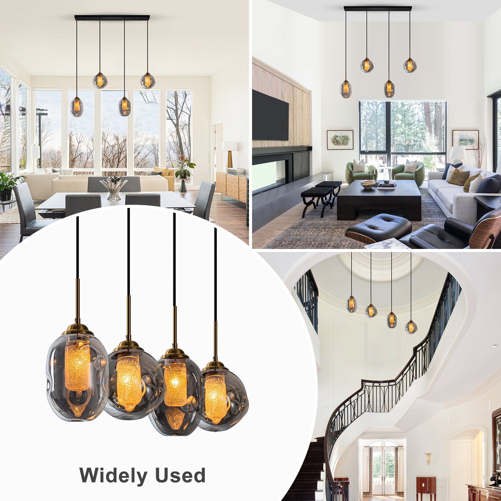 38.6 in. 4-Light Modern Black Linear Pendant Light with 2-Tier Glass Shades for Kitchen Island