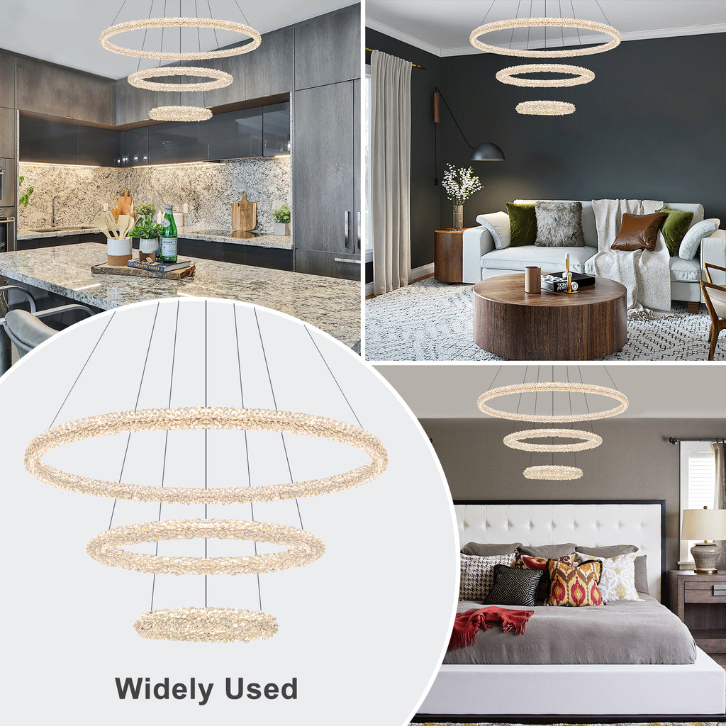 3-Light Modern Gold Ring Dimmable Integrated LED Chandelier Tiered Pendant Light with Crystal for Dining Room