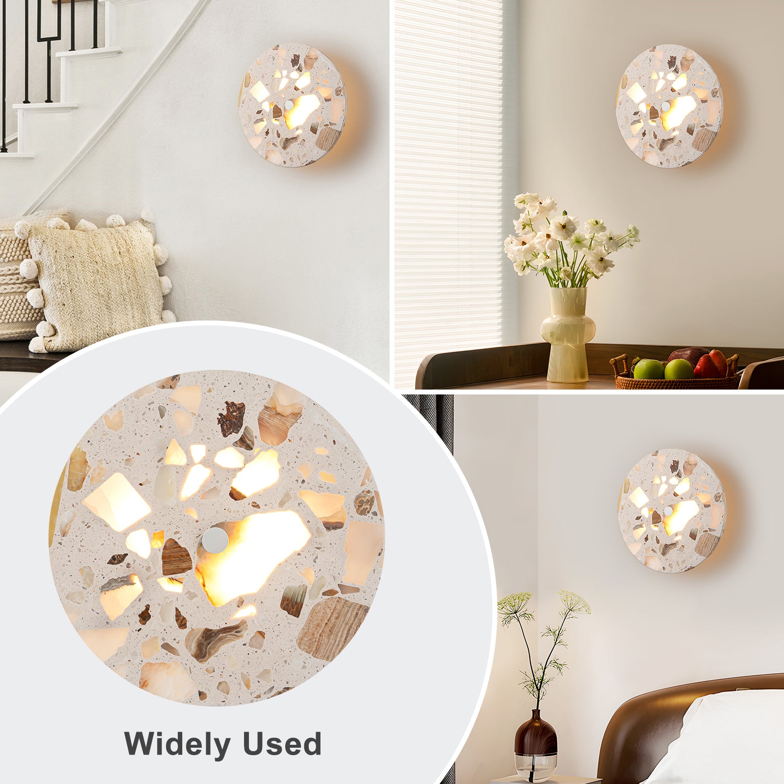 8.07 in. 1-Light Modern Round Dimmable LED Wall Sconce Light with Mable Terrazzo Shade for Bedroom Foyer Hallway