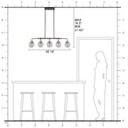 38 in. 5-Light Modern Matte Black Linear Pendant Light with Clear Globe Crackled Glass Shades Island Chandelier