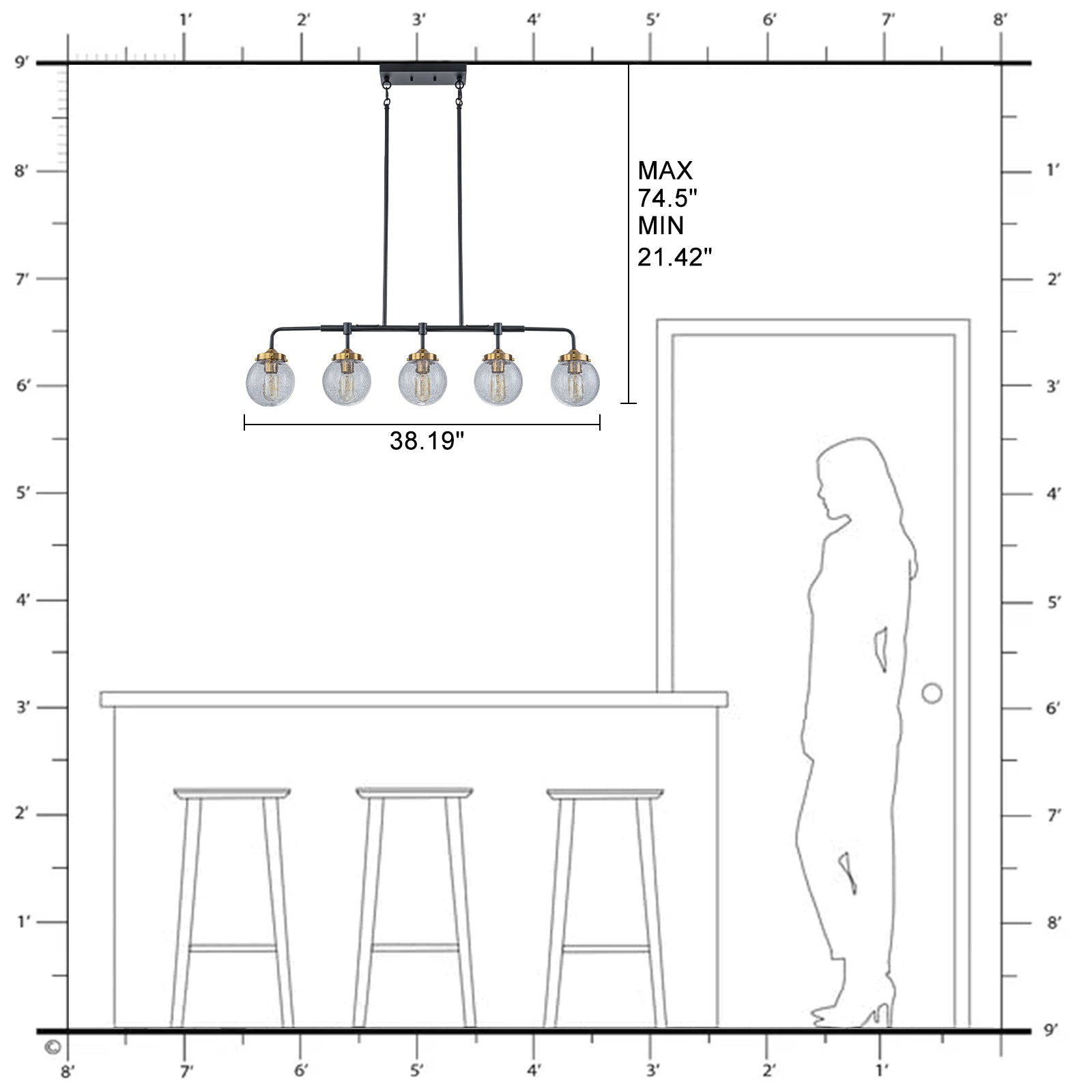 38 in. 5-Light Modern Matte Black Linear Pendant Light with Clear Globe Crackled Glass Shades Island Chandelier