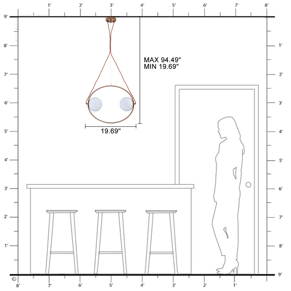 20 in. 2-Light Modern Walnut Oval Pendant Light with White Globe Glass Shades for Dining Room, Kitchen Island