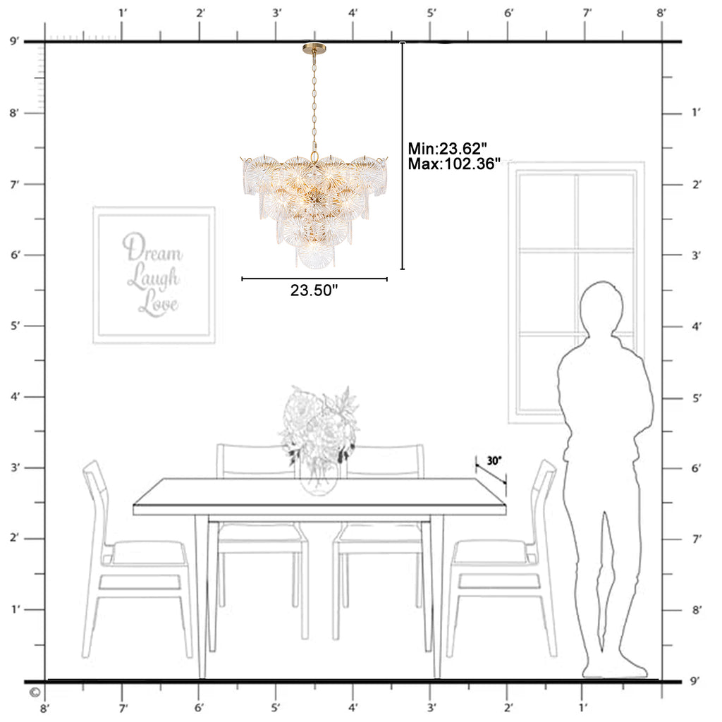 24 in. 13-Light Modern Gold Square Tiered Chandelier with Textured Clear Glass Petal Shades for Living Room
