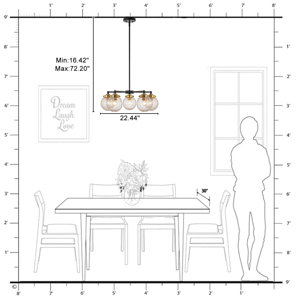 22.44 in. 5-Light Modern Black Branch Chandelier with Clear Cracked Glass Shades for Kitchen Island, Living Room