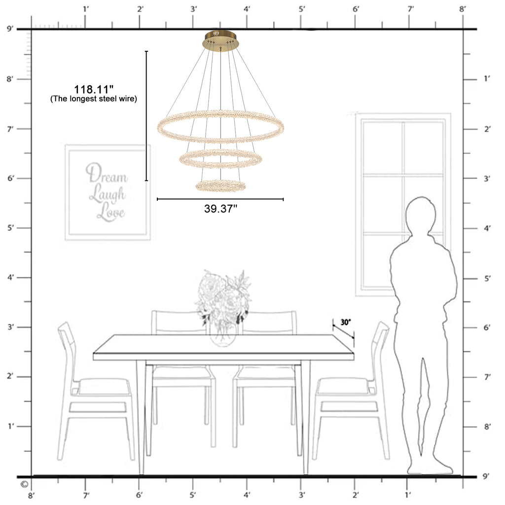 3-Light Modern Gold Ring Dimmable Integrated LED Chandelier Tiered Pendant Light with Crystal for Dining Room