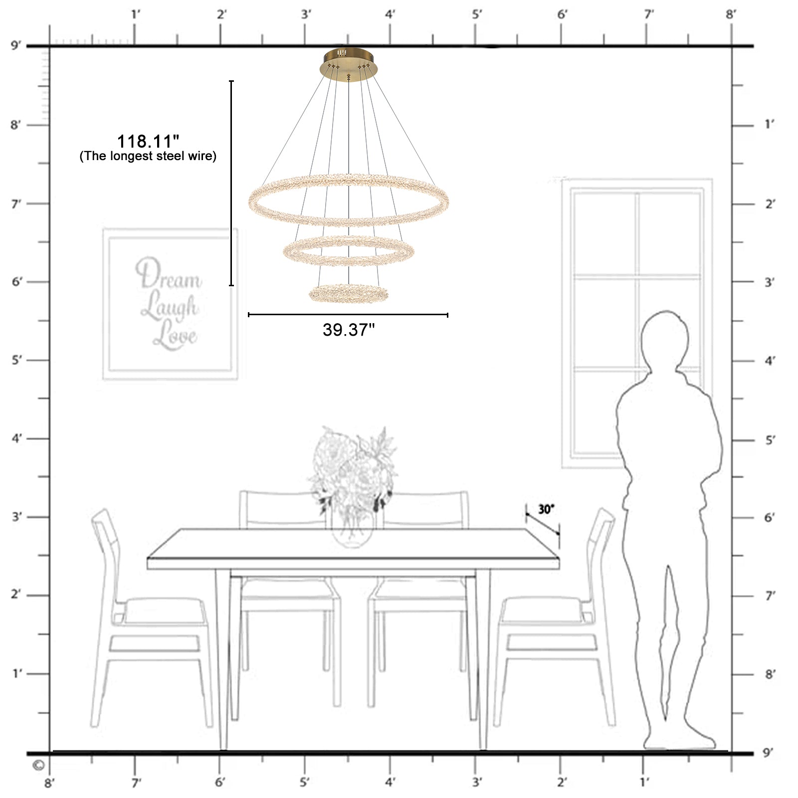 3-Light Modern Gold Ring Dimmable Integrated LED Chandelier Tiered Pendant Light with Crystal for Dining Room