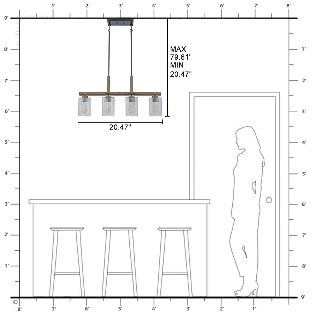 30.5 in. 4-Light Modern Farmhouse Matte Black Linear Chandelier with Faux Wood Accent Island Pendant with Glass Shades