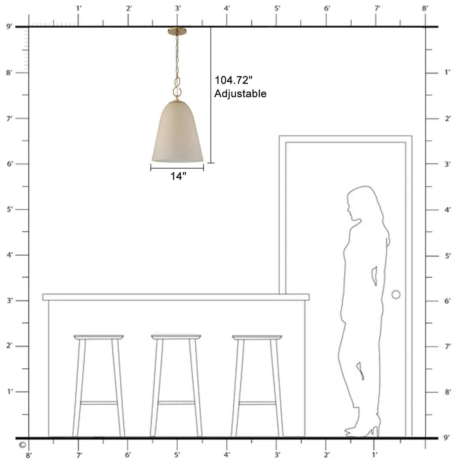 1-Light Modern Gold Bell Shaped Chandelier Hanging Light with Champagne-Colored Glass Shade for Dining Room