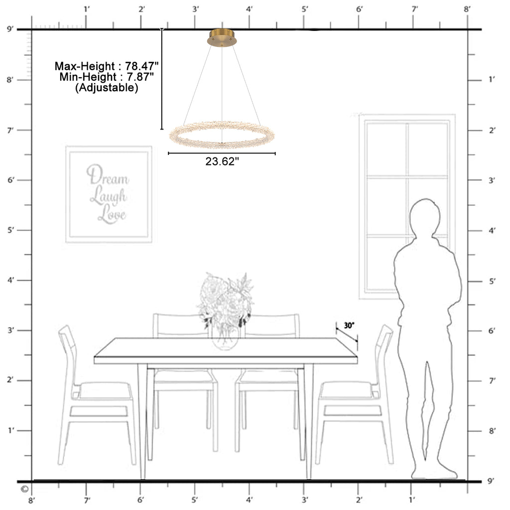 1-Light Modern Gold Metal Ring Crystal Integrated LED Pendant Light Dimmable Chandelier for Dining Room