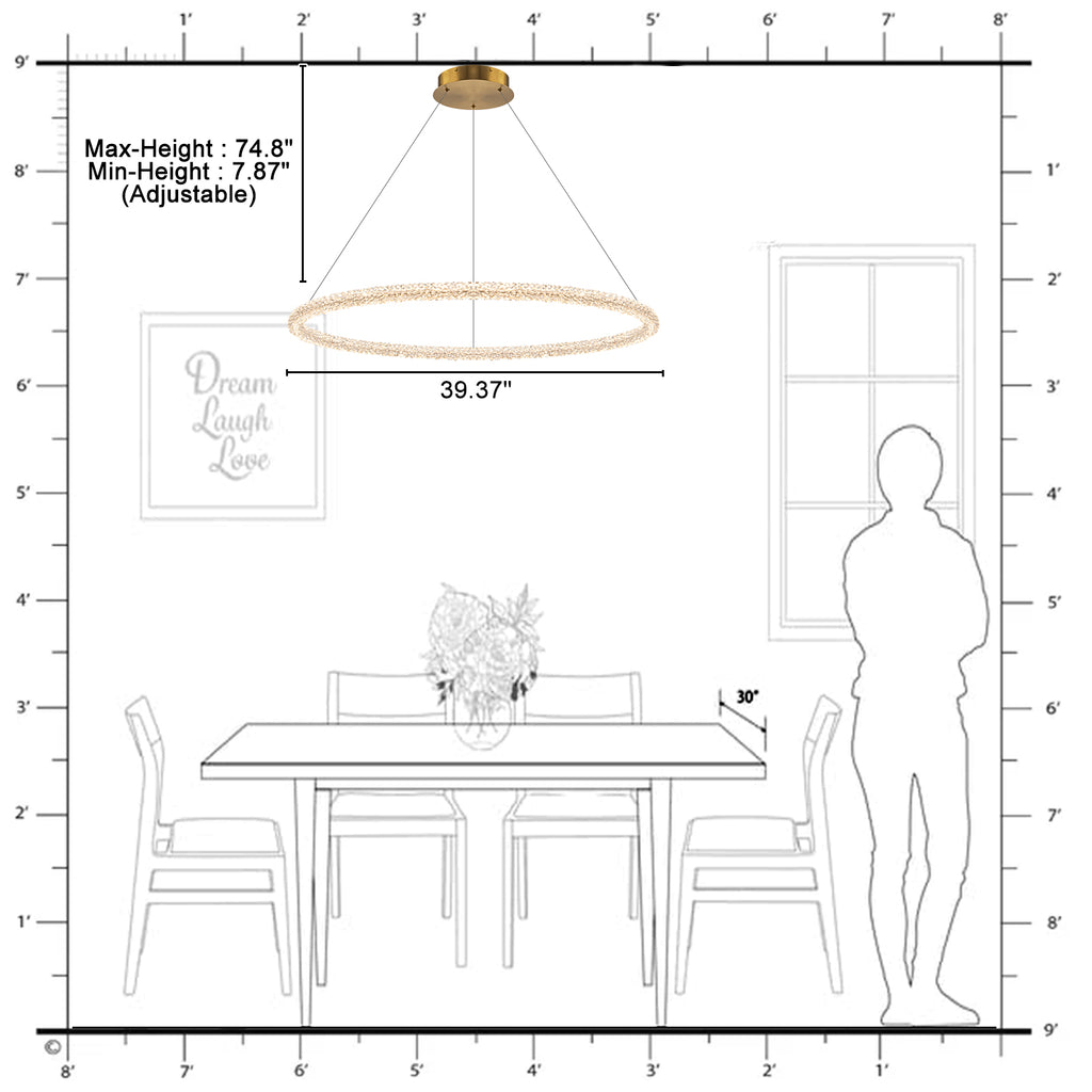 1-Light Modern Gold Metal Ring Crystal Integrated LED Pendant Light Dimmable Chandelier for Dining Room