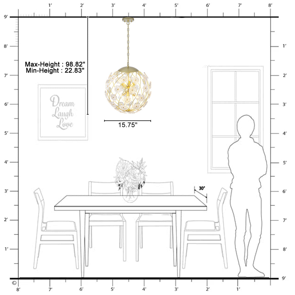 6-Light Modern Metal Gold Globe Cage Chandelier with Glass Flower Shade for Living Room, Dining, Bedroom