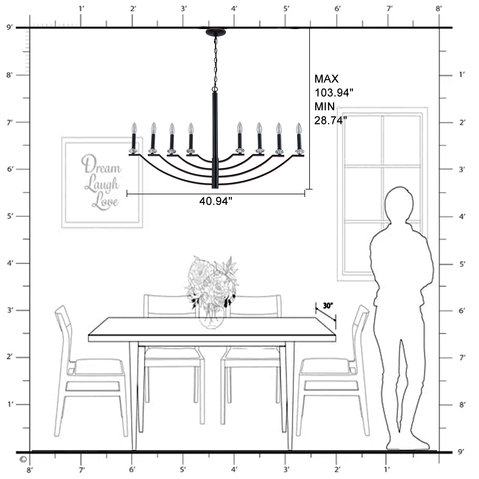 41 in. 8-Light Matte Black Traditional Candlestick Chandelier Modern Linear Candle Pendant Light