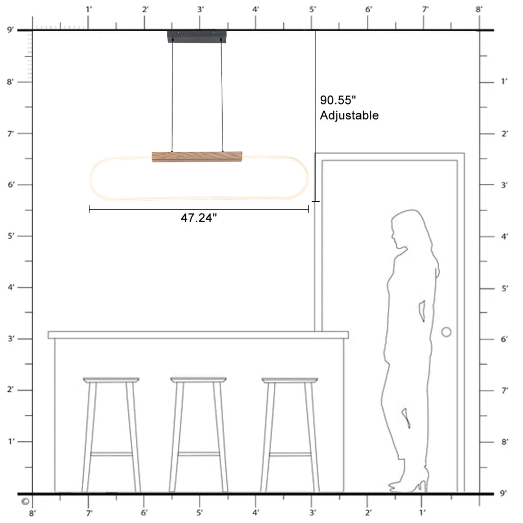 47.24 in. 1-Light Modern Black Linear Integrated LED Pendant Light Fixture with Wood Accent for Kitchen Island