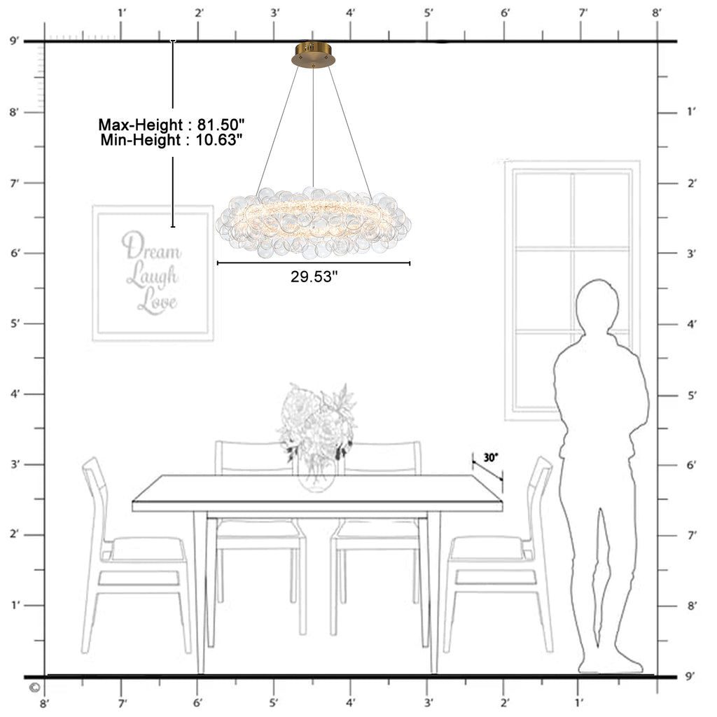 1-Light Gold Modern Round Globe Crystal Integrated LED Chandelier Dimmable Pendant Light with Glass Bubbles