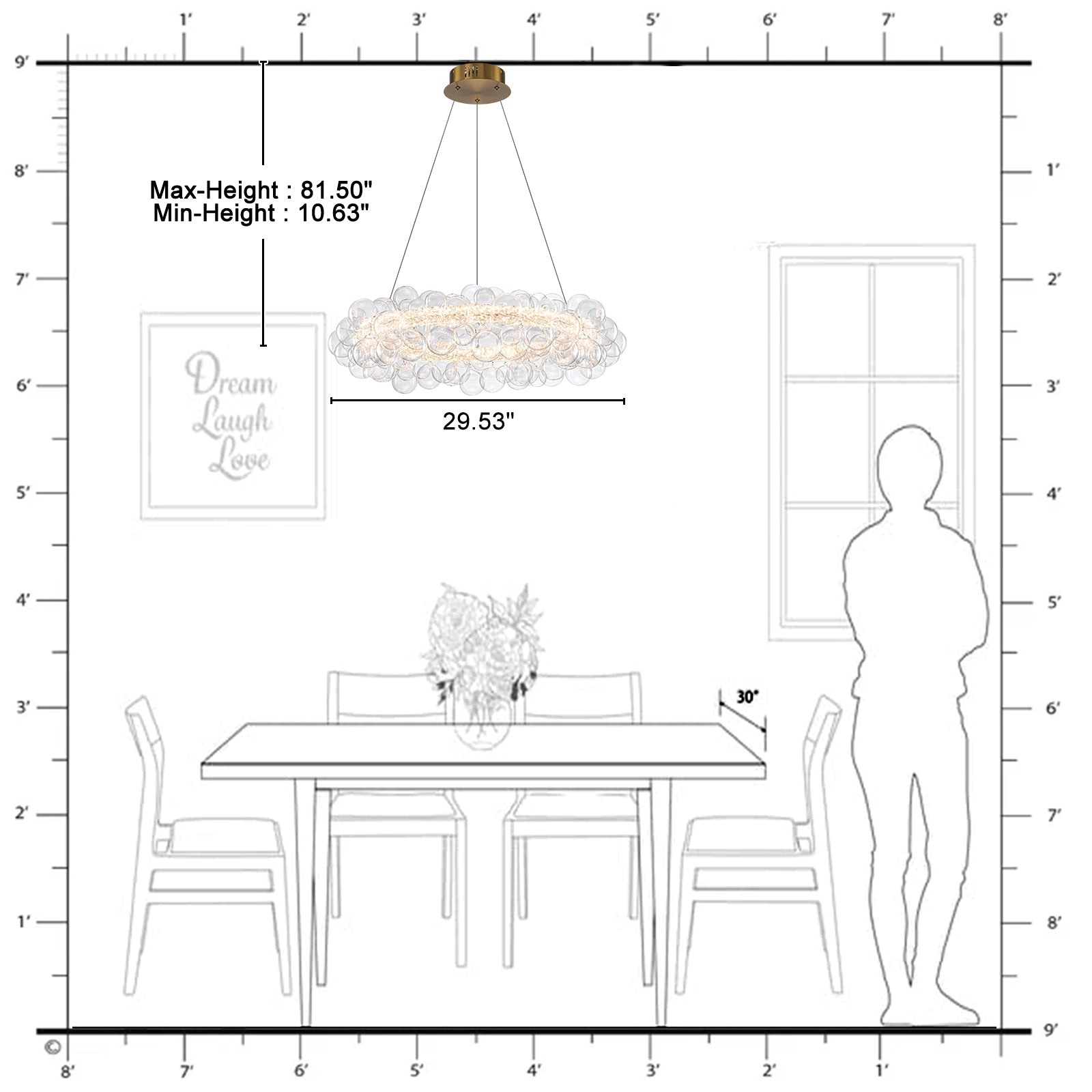 1-Light Gold Modern Round Globe Crystal Integrated LED Chandelier Dimmable Pendant Light with Glass Bubbles