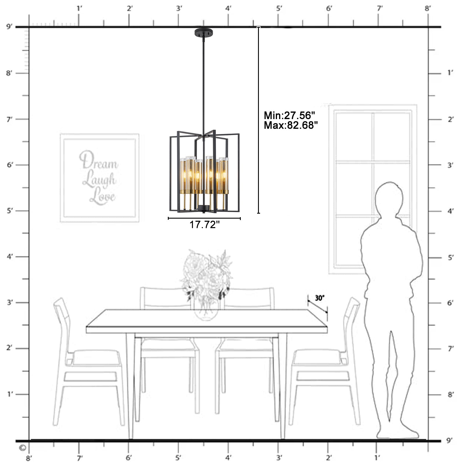 17.72 in. 6-Light Industrial Black Iron Geometric Chandelier with Clear Glass Shades for Kitchen Island Foyers Hallway