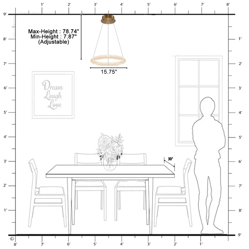 1-Light Modern Gold Metal Ring Crystal Integrated LED Pendant Light Dimmable Chandelier for Dining Room
