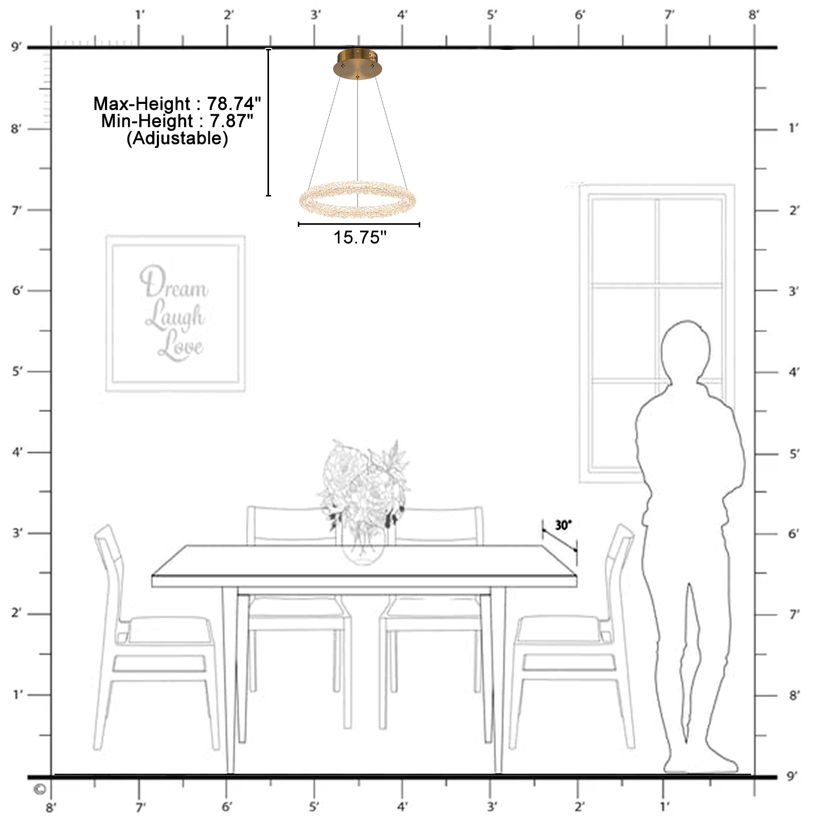 1-Light Modern Gold Metal Ring Crystal Integrated LED Pendant Light Dimmable Chandelier for Dining Room