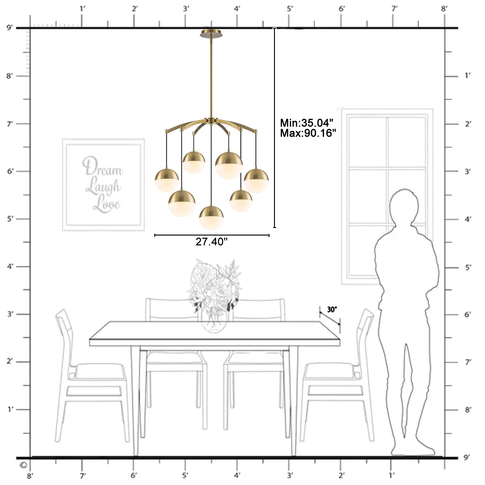 27.4 in. 7-Light Modern Brass Metal Globe Chandelier Hanging Light with White Glass Shades for Living Room