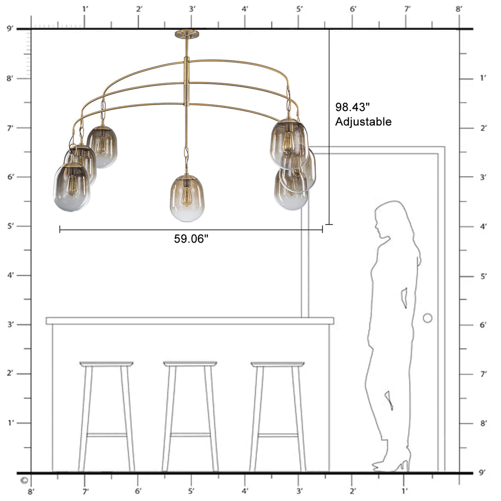 5/7-Light 2/3-Tier Antique Gold Metal Chandelier Pendant with Oval Glass Shades for Living Room, Kitchen Island