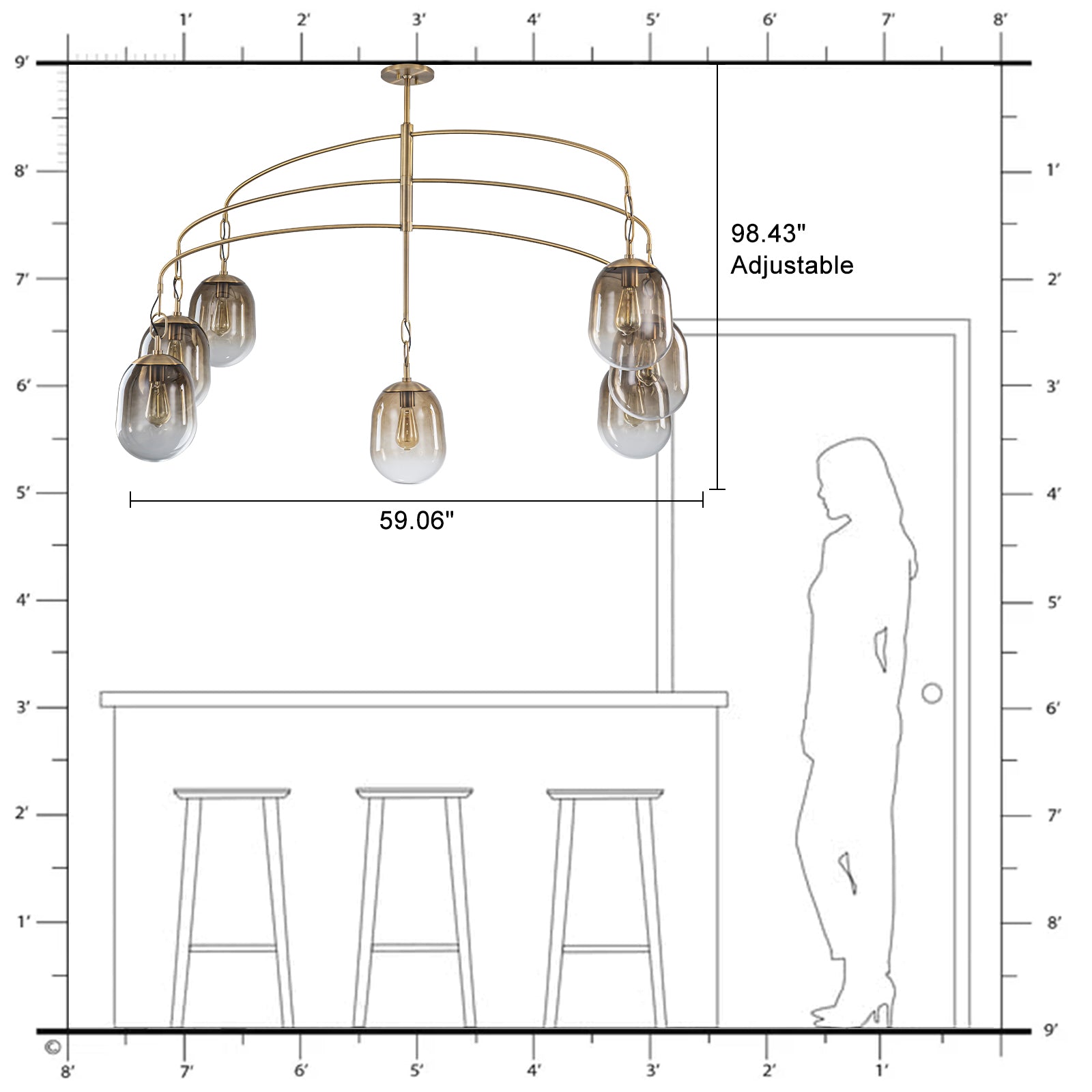 5/7-Light 2/3-Tier Antique Gold Metal Chandelier Pendant with Oval Glass Shades for Living Room, Kitchen Island