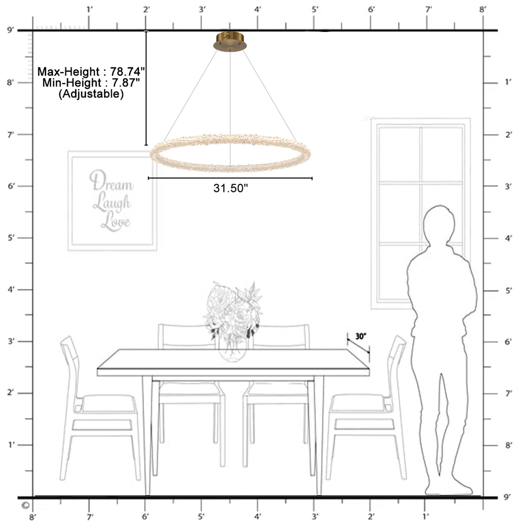 1-Light Modern Gold Metal Ring Crystal Integrated LED Pendant Light Dimmable Chandelier for Dining Room