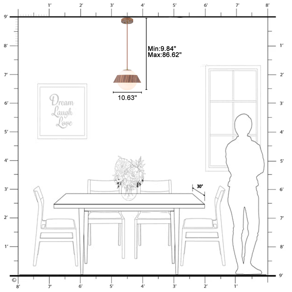 10.63 in. 1-Light Wooden Globe Hanging Pendant Light with White Glass Shade for Kitchen Island, Bedroom