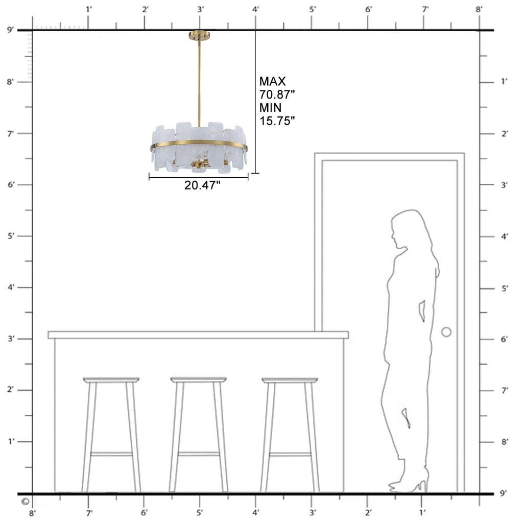 20.47 in. 5-Lights Modern Brass Metal Round Chandelier with Cloud Texture Glass for Dining Room
