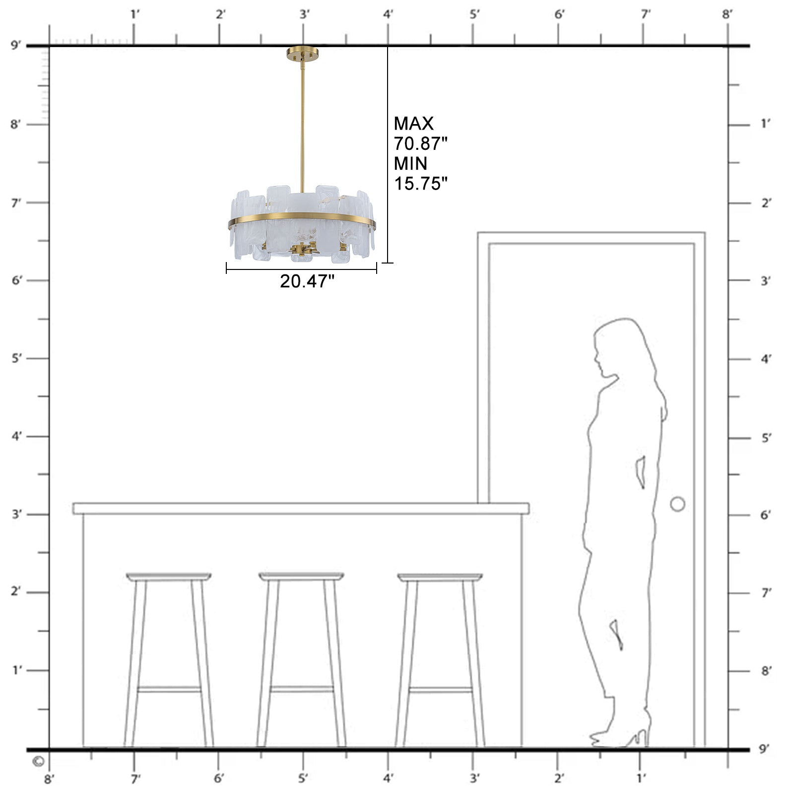 20.47 in. 5-Lights Modern Brass Metal Round Chandelier with Cloud Texture Glass for Dining Room