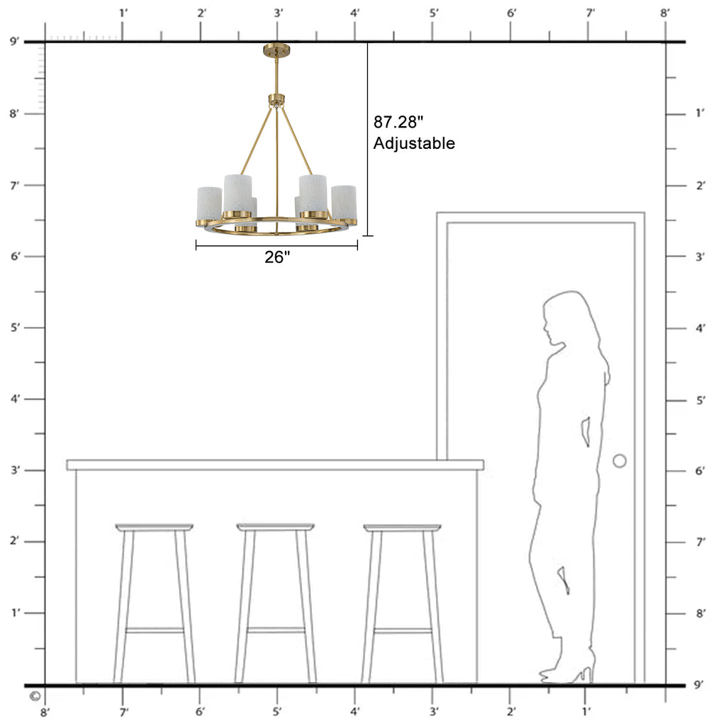 26 in. 6-Light Modern Brass Metal Chandelier with Cylinder Glass Shades for Kitchen Island, Dining Room