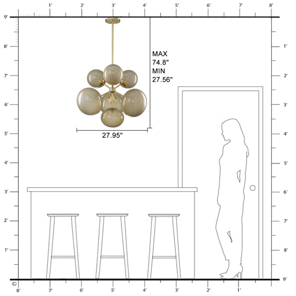4/7-Light Mid-Century Modern Gold Cluster Chandelier with Coffee Globe Glass Shades