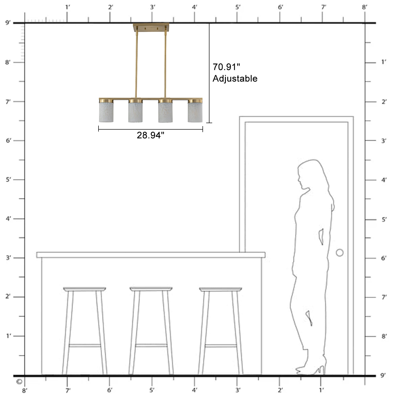 28.94 in. 4-Light Modern Copper Metal Linear Chandelier Island Pendant Light with Cylinder Glass Shades for Dining Room