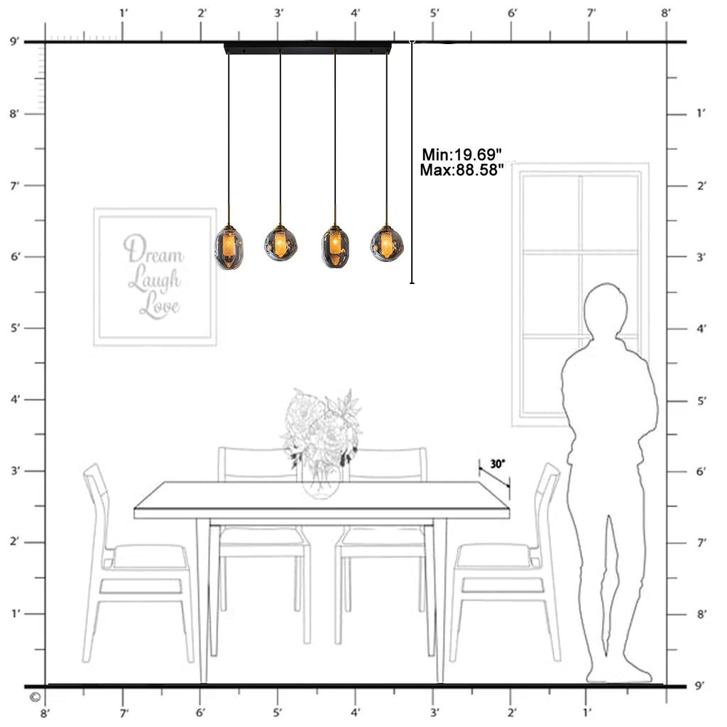 38.6 in. 4-Light Modern Black Linear Pendant Light with 2-Tier Glass Shades for Kitchen Island