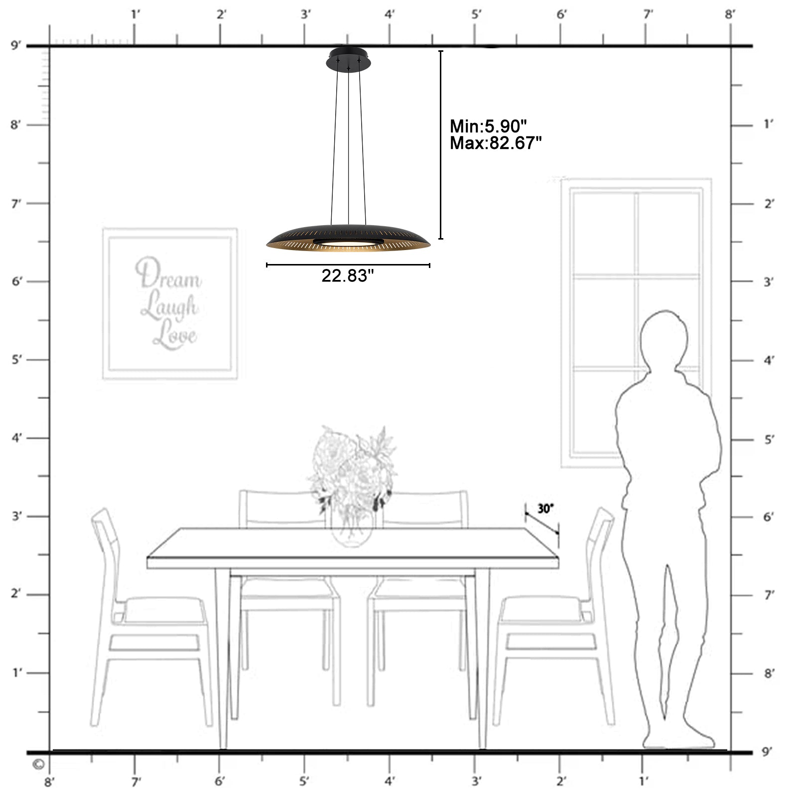 24-Watt 1 Light Modern Black Dome Dimmable LED Pendant Light Chandelier with Metal Shade for Dining Room, Kitchen Island